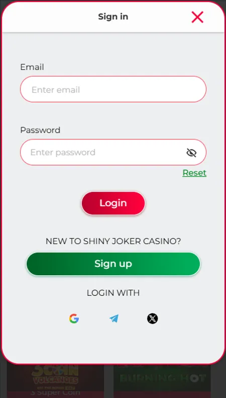 Shiny Joker login screen with email and password fields