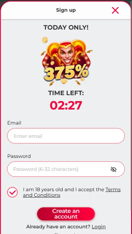 Shiny Joker registration screen with email and age confirmation